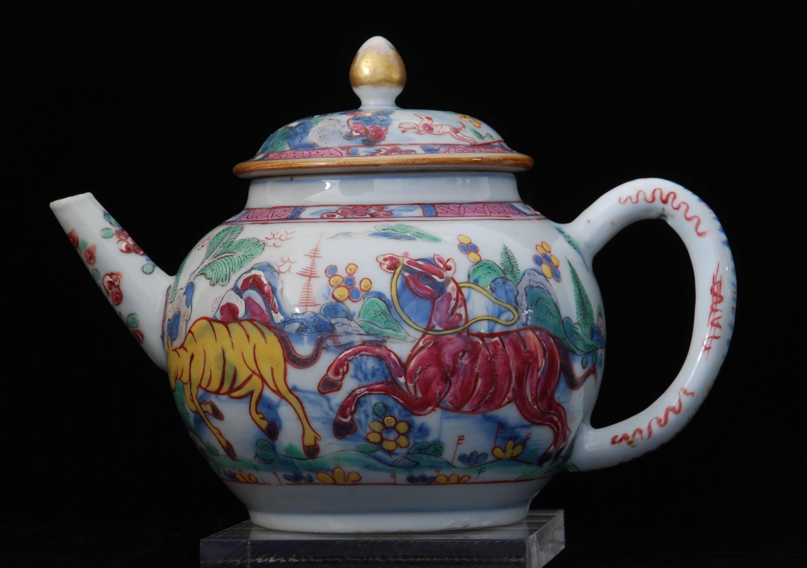 Chinoiserie Teapot, Prancing Ponies, China, circa 1760, Decorated in London