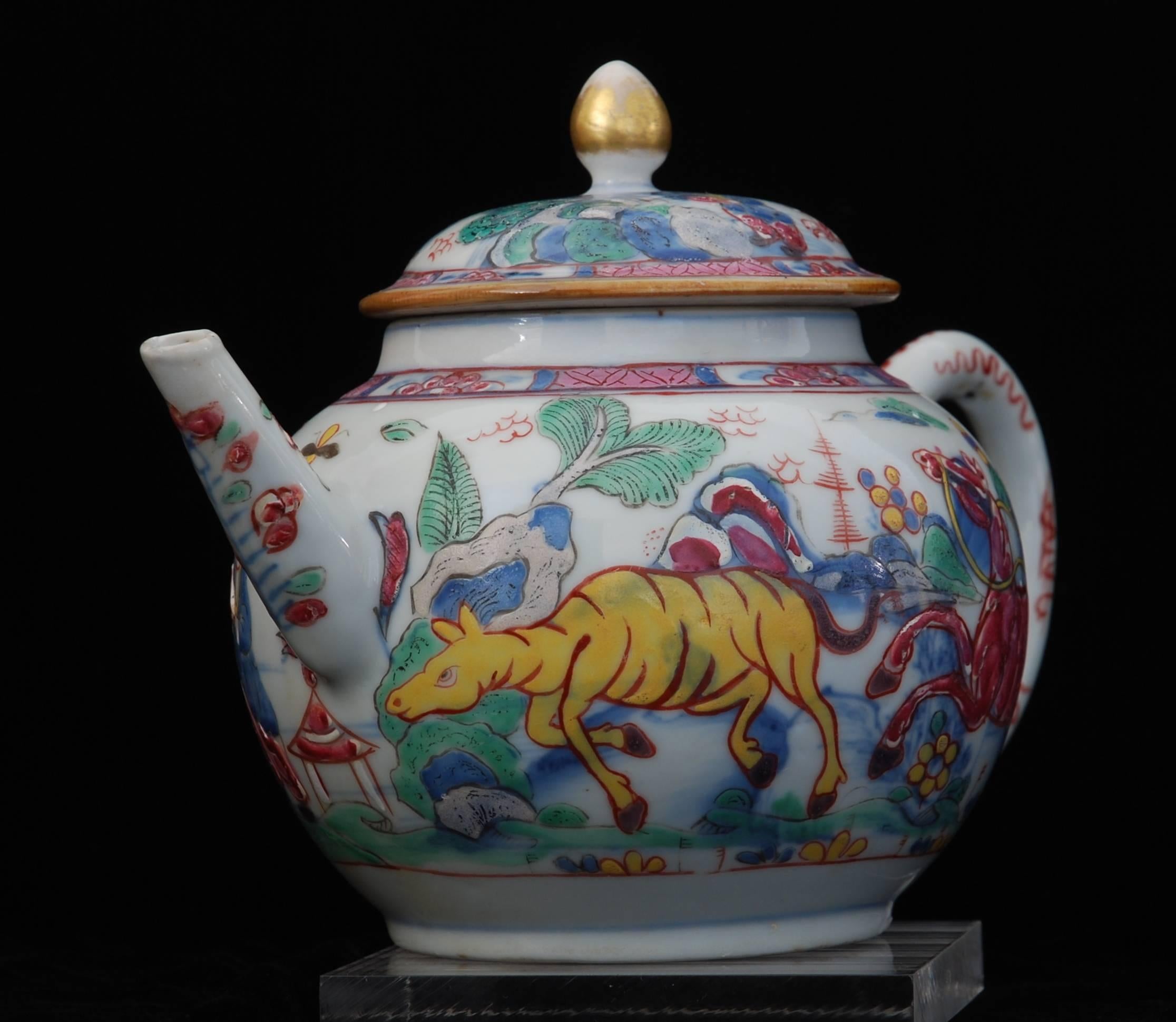 English Teapot, Prancing Ponies, China, circa 1760, Decorated in London