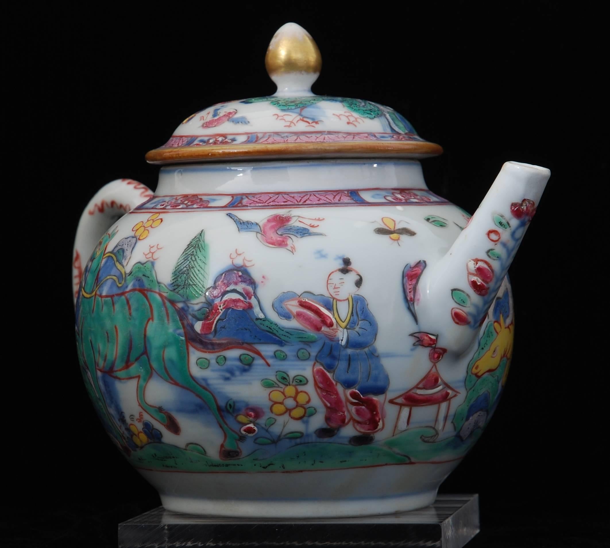 18th Century Teapot, Prancing Ponies, China, circa 1760, Decorated in London