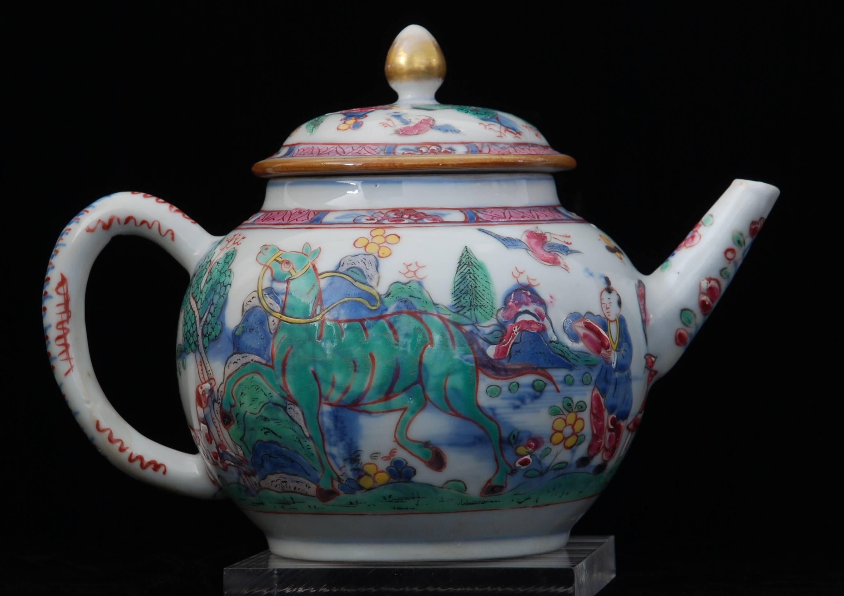 Porcelain Teapot, Prancing Ponies, China, circa 1760, Decorated in London