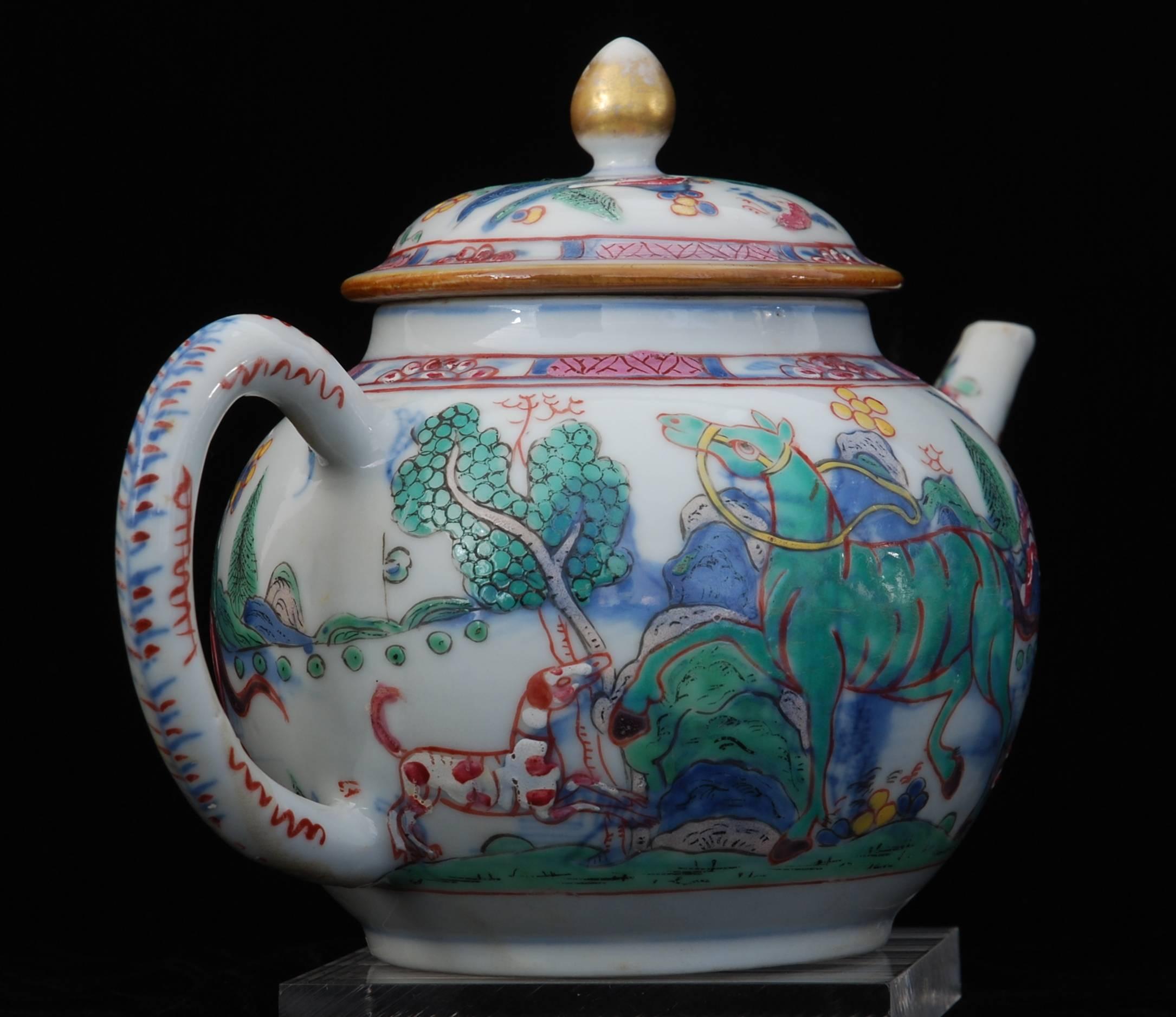 Teapot, Prancing Ponies, China, circa 1760, Decorated in London 1