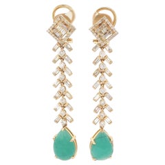 Tear Drop Emerald Diamond Dangle Earrings in 14K Solid Gold (Certified)