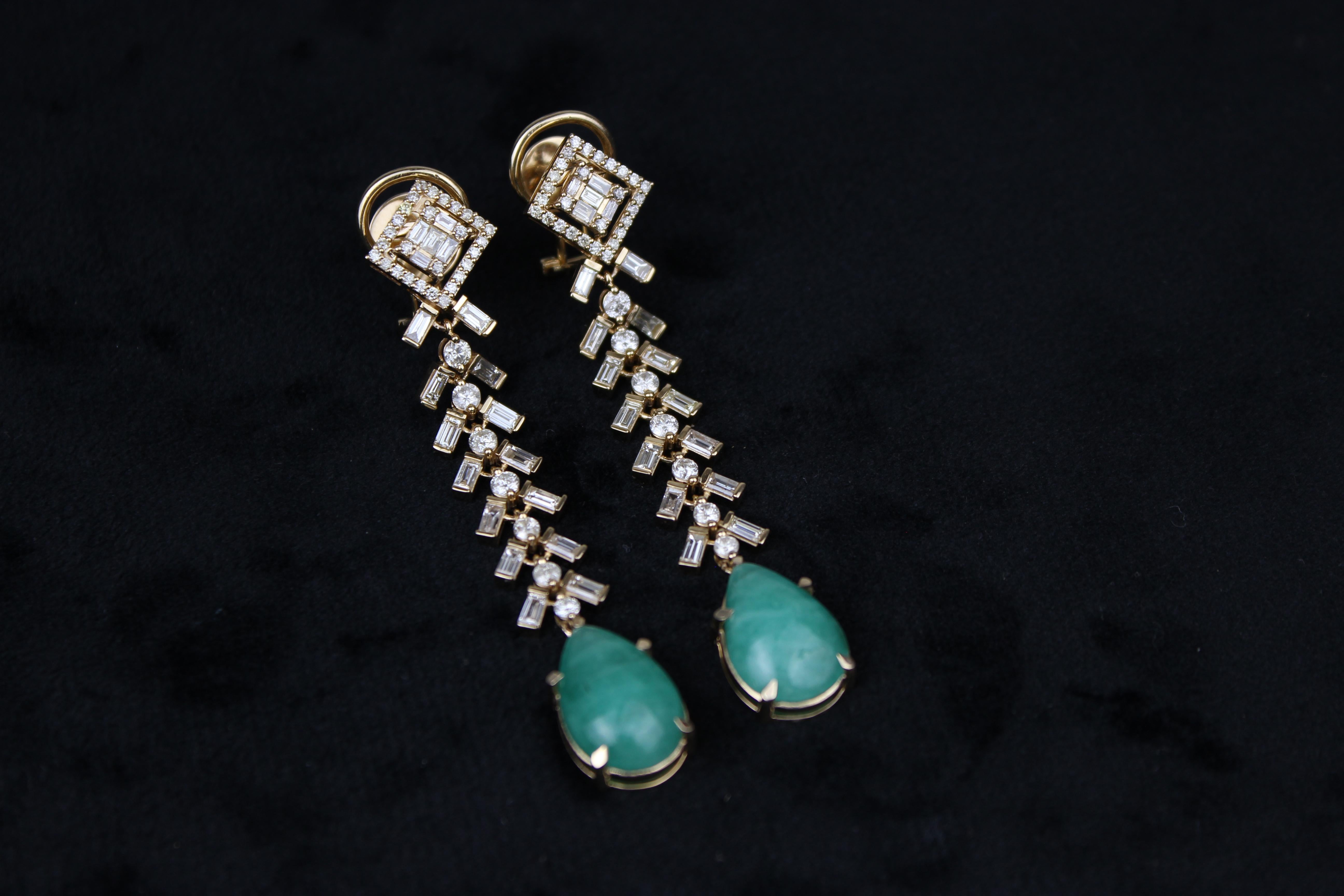 Baguette Cut Tear Drop Emerald Gemstone and Diamond Earrings in 18k Solid Gold For Sale