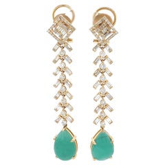 Tear Drop Emerald Gemstone and Diamond Earrings in 18k Solid Gold