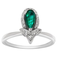 Tear Drop Emerald Ring with Brilliant Round Cut Accent Diamonds Set in 14k White