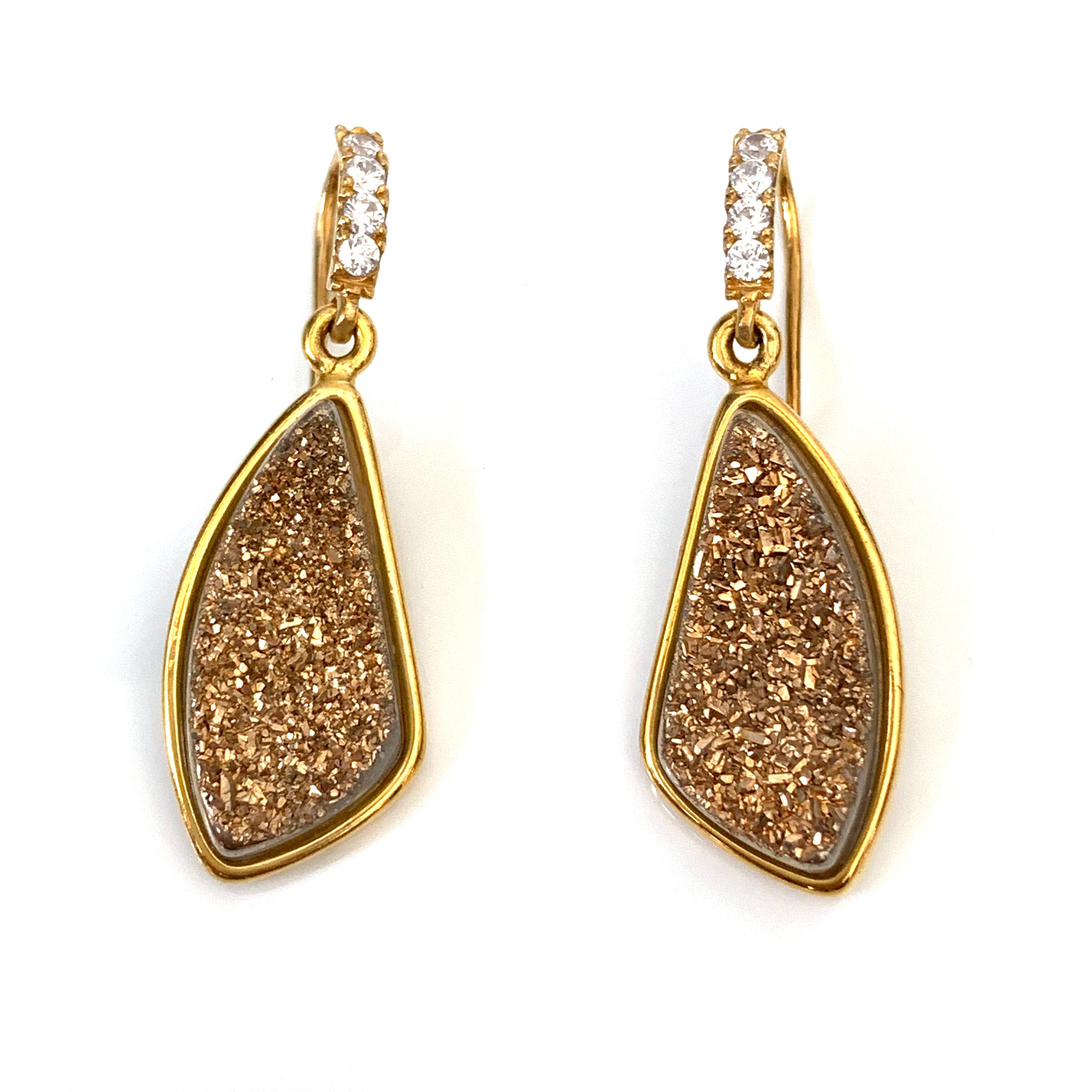 Contemporary Tear drop Golden Druzy Quartz Vermeil Hook Earrings