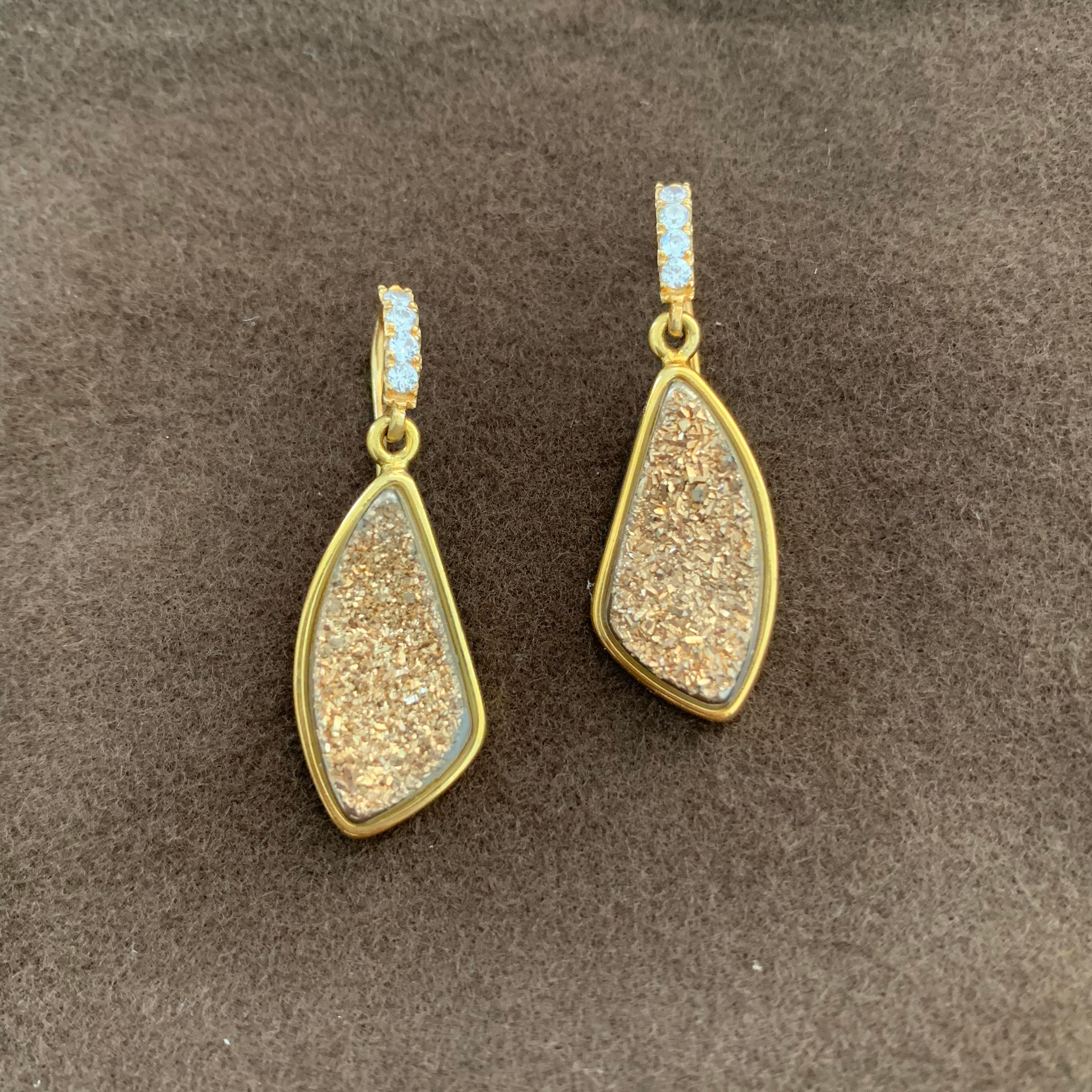 Tear drop Golden Druzy Quartz Vermeil Hook Earrings In New Condition In Los Angeles, CA