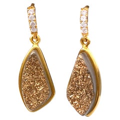 Tear drop Golden Druzy Quartz Vermeil Hook Earrings