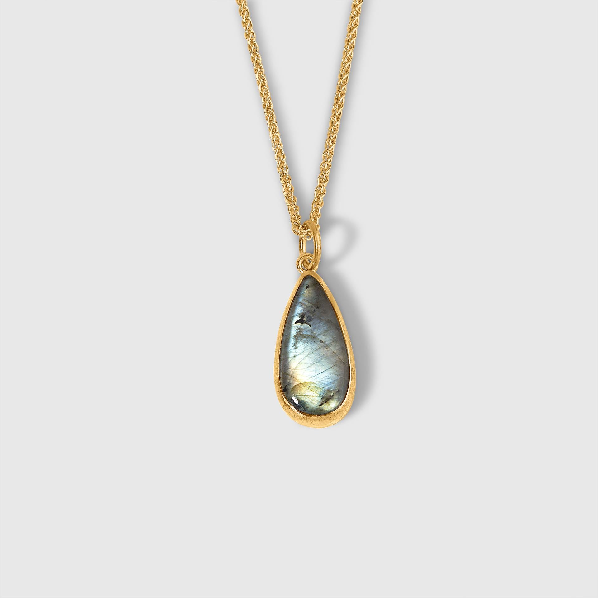 Tear-Drop Labradorite, 24K Gold Framed Pendant Necklace by Prehistoric Works of Istanbul, Turkey. These pendants look great alone or paired with other coin pendants or with miniature pendants. Measures:  11mm x 24mm (medium-sized pendant); chain