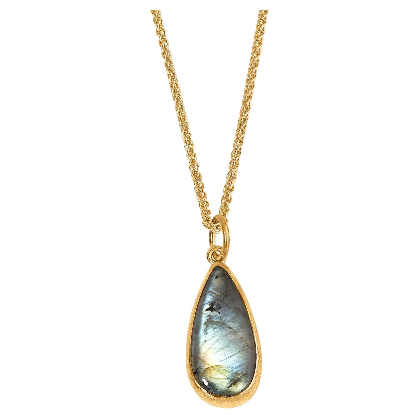 Tear-Drop Labradorite, 24K Gold Framed Pendant Necklace For Sale