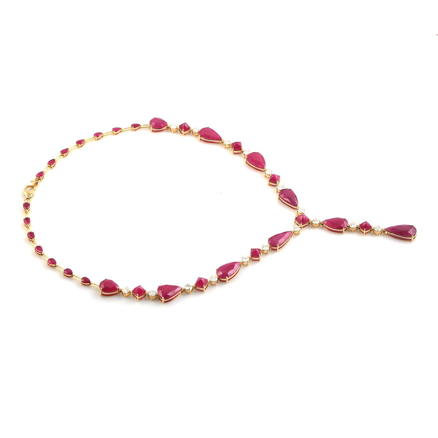 Art Deco Tear Drop Mosambic Ruby Link Necklace With Diamonds Made In 18k Yellow Gold For Sale