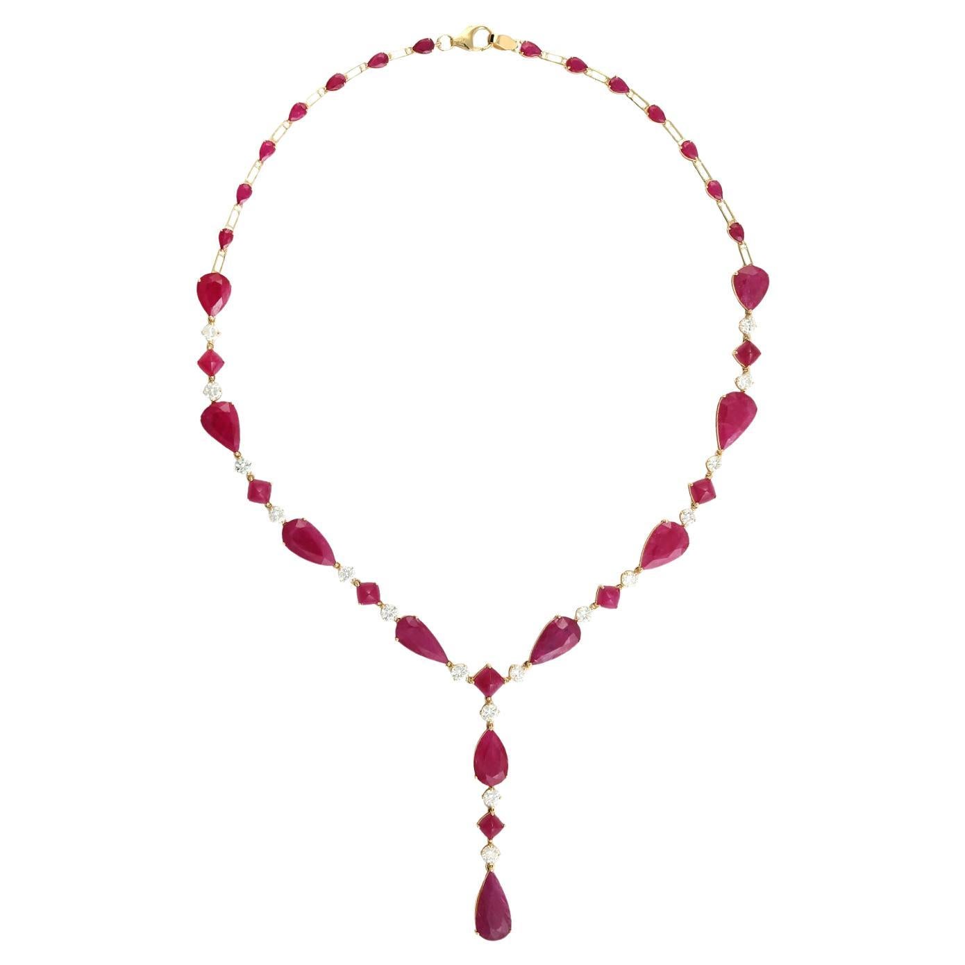 Tear Drop Mosambic Ruby Link Necklace With Diamonds Made In 18k Yellow Gold
