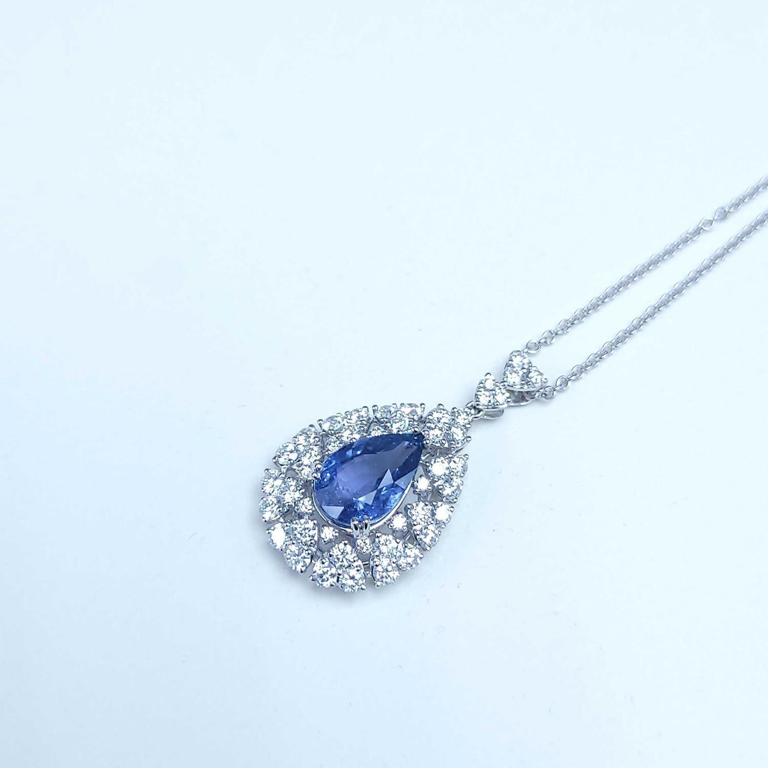 Pear Cut Tear Drop Natural Sapphire & Diamond Pendant (NO HEAT) For Sale
