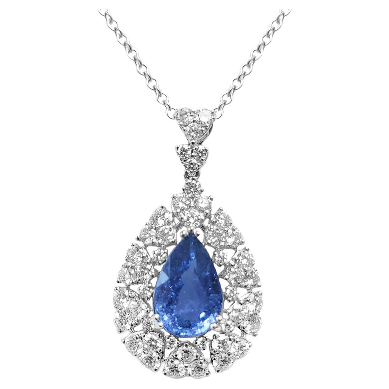 Tear Drop Natural Sapphire & Diamond Pendant (NO HEAT) For Sale