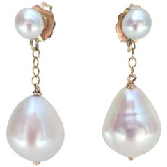 Tear Drop Pearl Earrings with 14 Karat Gold Chain and Stud with Pearl