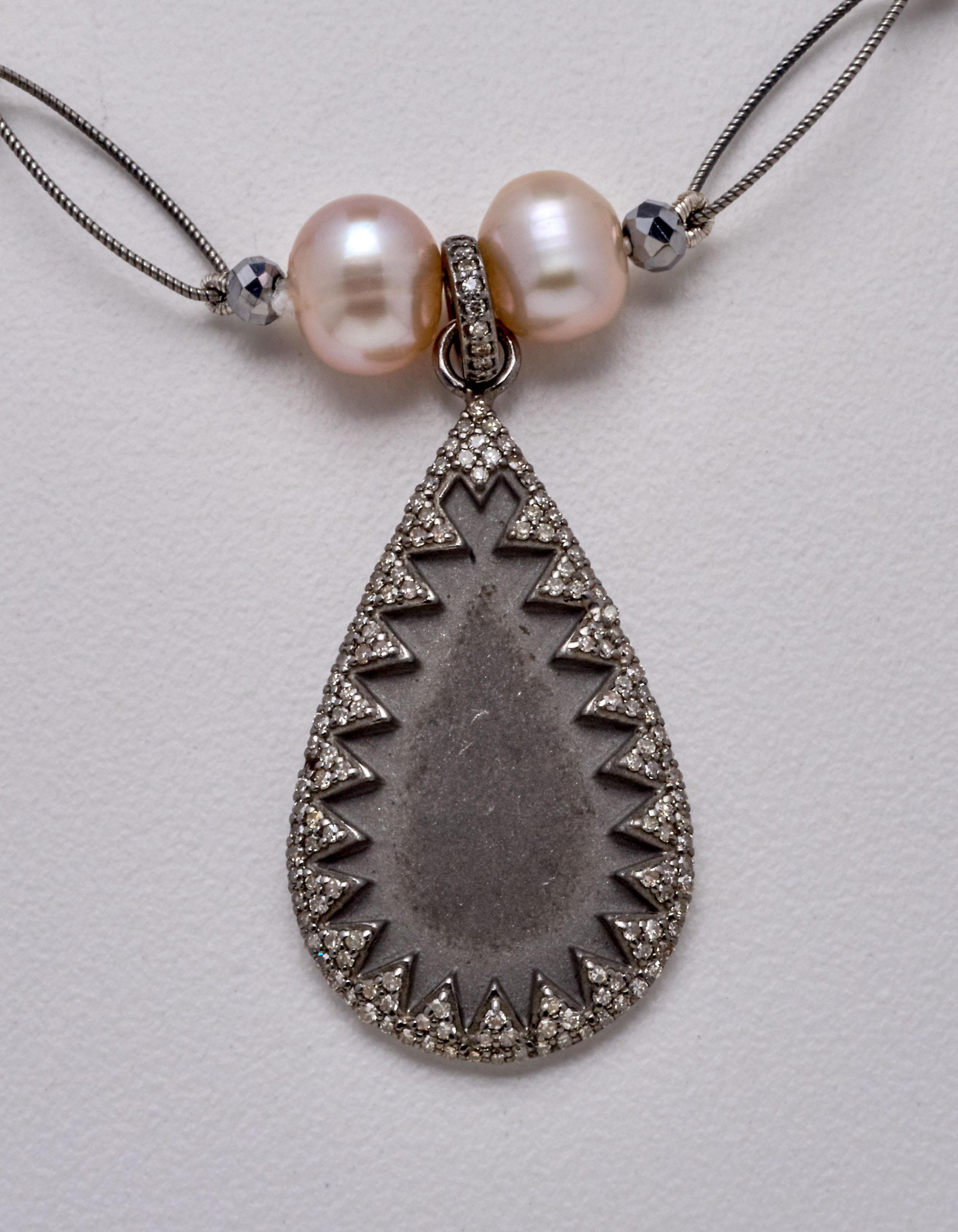 Artisan Tear Drop Pendant w Diamonds on Fine Sterling Silver Oval Chain w Blush Pearls  For Sale