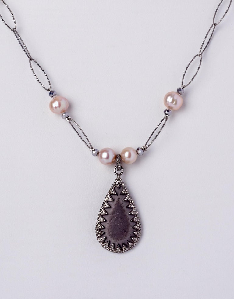 Tear Drop Pendant w Diamonds on Fine Sterling Silver Oval Chain w Blush