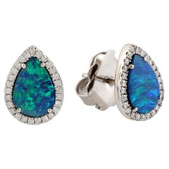 Tear Drop Shaped Doublet Opal Stud Earrings With Diamonds Made In 18k White Gold
