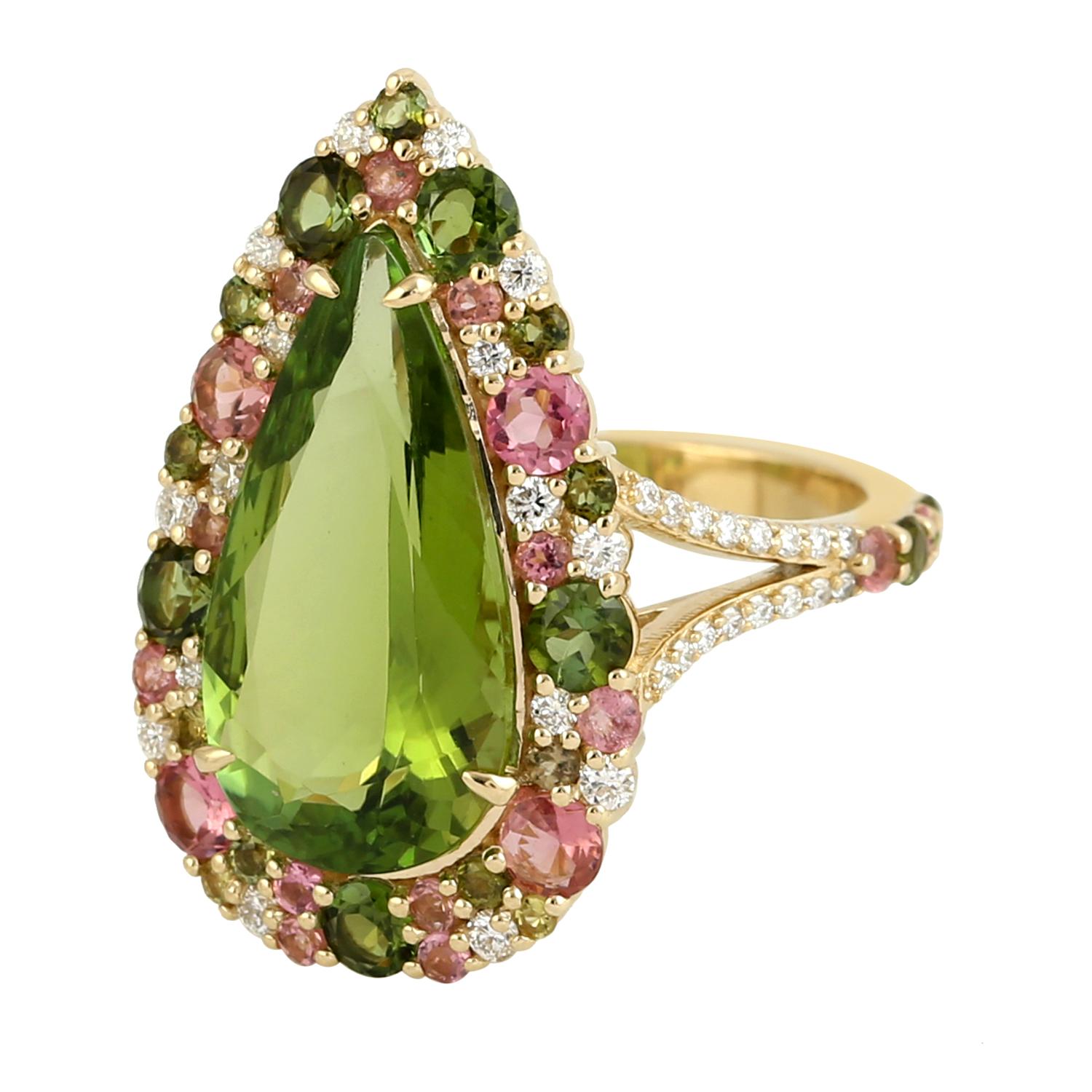 Taglio misto Tear Drop Shaped Mint Tourmaline Ring With Multi Tourmaline & Diamonds in vendita