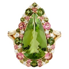 Tear Drop Shaped Mint Tourmaline Ring With Multi Tourmaline & Diamonds