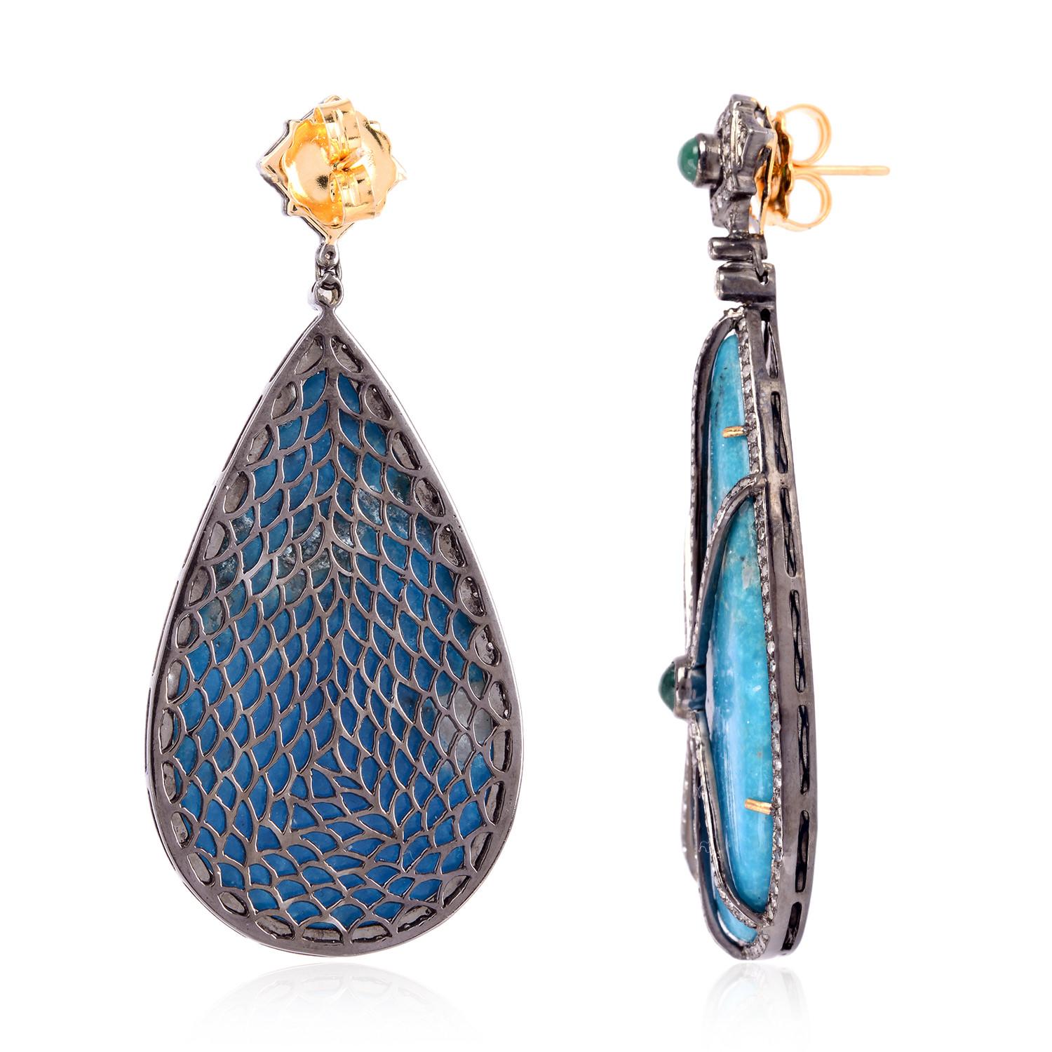 Artisan Tear Drop Shaped Turquoise Dangle Earrings Equipped With Emeralds & Diamonds For Sale