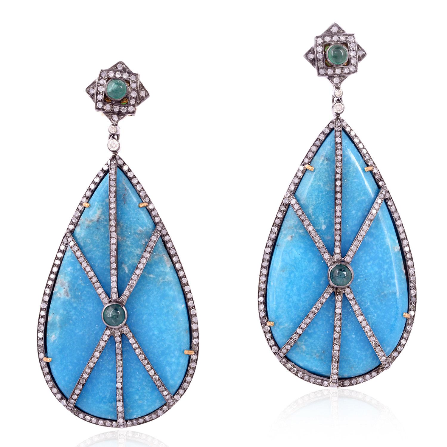 Mixed Cut Tear Drop Shaped Turquoise Dangle Earrings Equipped With Emeralds & Diamonds For Sale