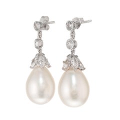 2.56 Carat Diamond Tear Drop South Sea Cultured Pearl Platinum Dangle Earrings