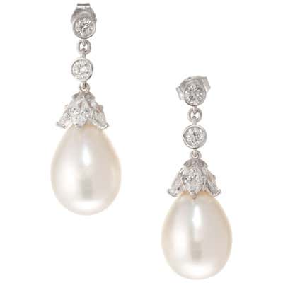 Edwardian Natural Pearl Diamond Platinum Drop Earrings For Sale at ...