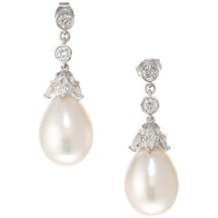 Tear Drop South Sea Cultured Pearl Diamond Platinum Dangle Earrings