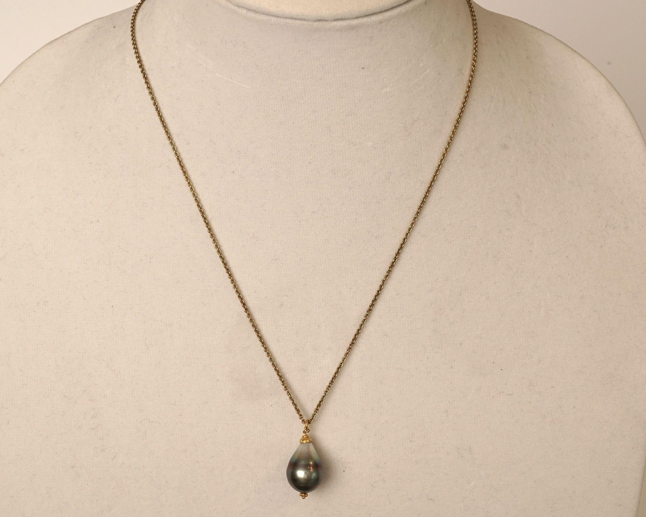 Tear Drop Tahitian Pearl and 18 Karat Gold Chain In Good Condition In Nantucket, MA