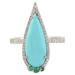 Tear Drop Turquoise & Emerald Ring With Diamonds In 18k White Gold