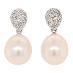 Tear Drop White Tahitian Pearl Pave Diamond White Gold Earrings