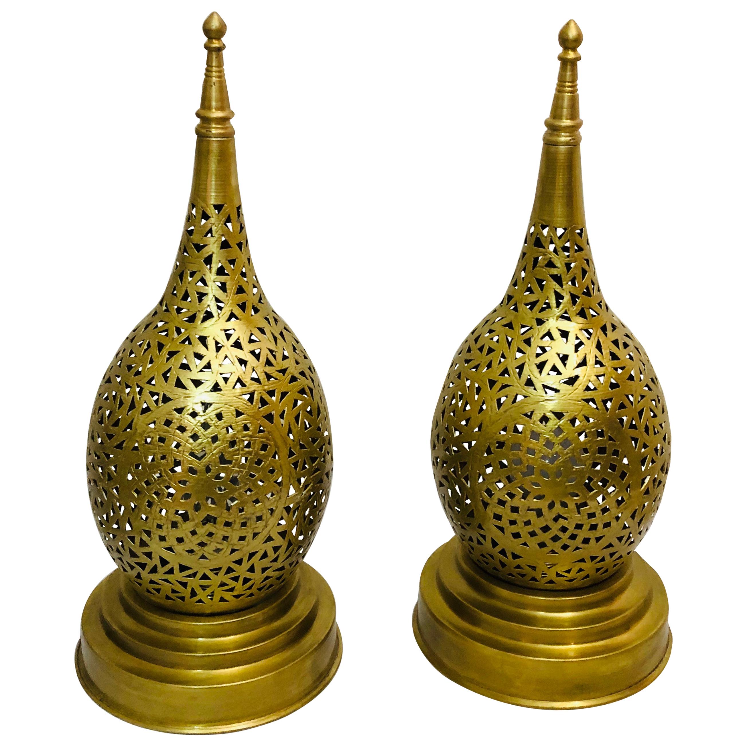 Tear Shaped Gold Brass Moroccan Table Lamps, a Pair For Sale