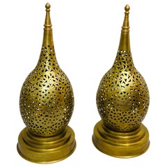 Tear Shaped Gold Brass Moroccan Table Lamps, a Pair