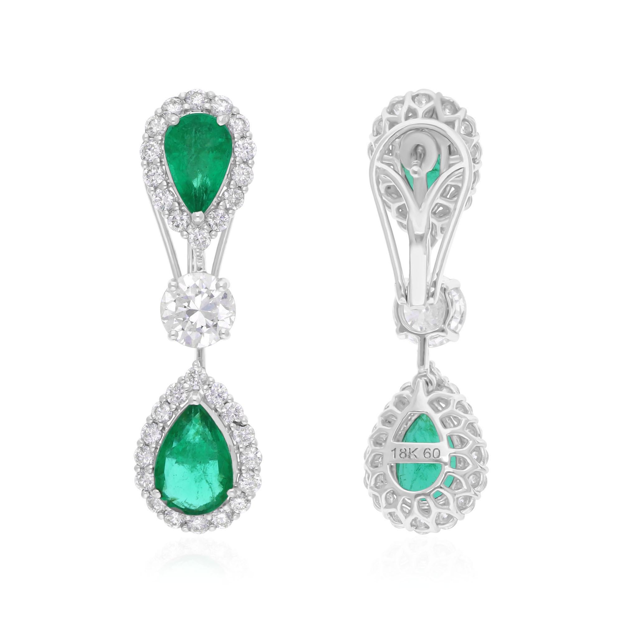 Boucles d'oreilles pendantes en or blanc 14K 6.66Tcw Zambian Emerald Halo Diamond Dangle Earrings en vente 2