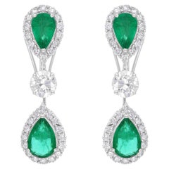 Teardrop 18K White Gold 6.66Tcw Zambian Emerald Halo Diamond Dangle Earrings