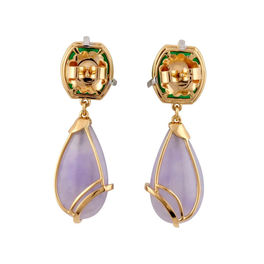 Rounded Green and Lavender Teardrop Chinese Jade Earrings for Pierced Ears

The generous depth of the rounded Half-barrel cut of green Chinese Jade is juxtapositioned with the slightly elongated shape of the lavender Chinese Jade teardrop.  Each gem