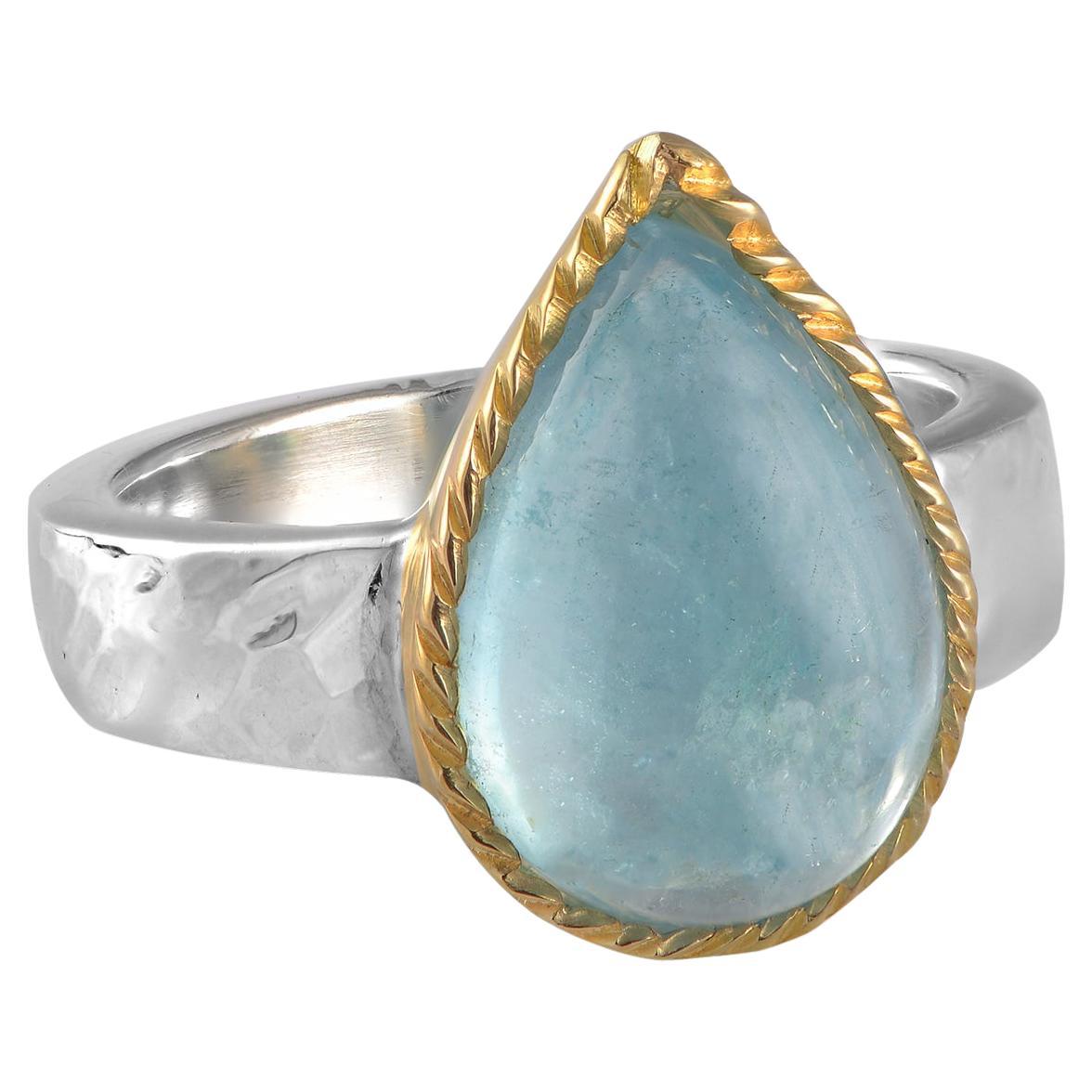 Teardrop Aquamarine Cabochon Gold Plated Silver Ring For Sale