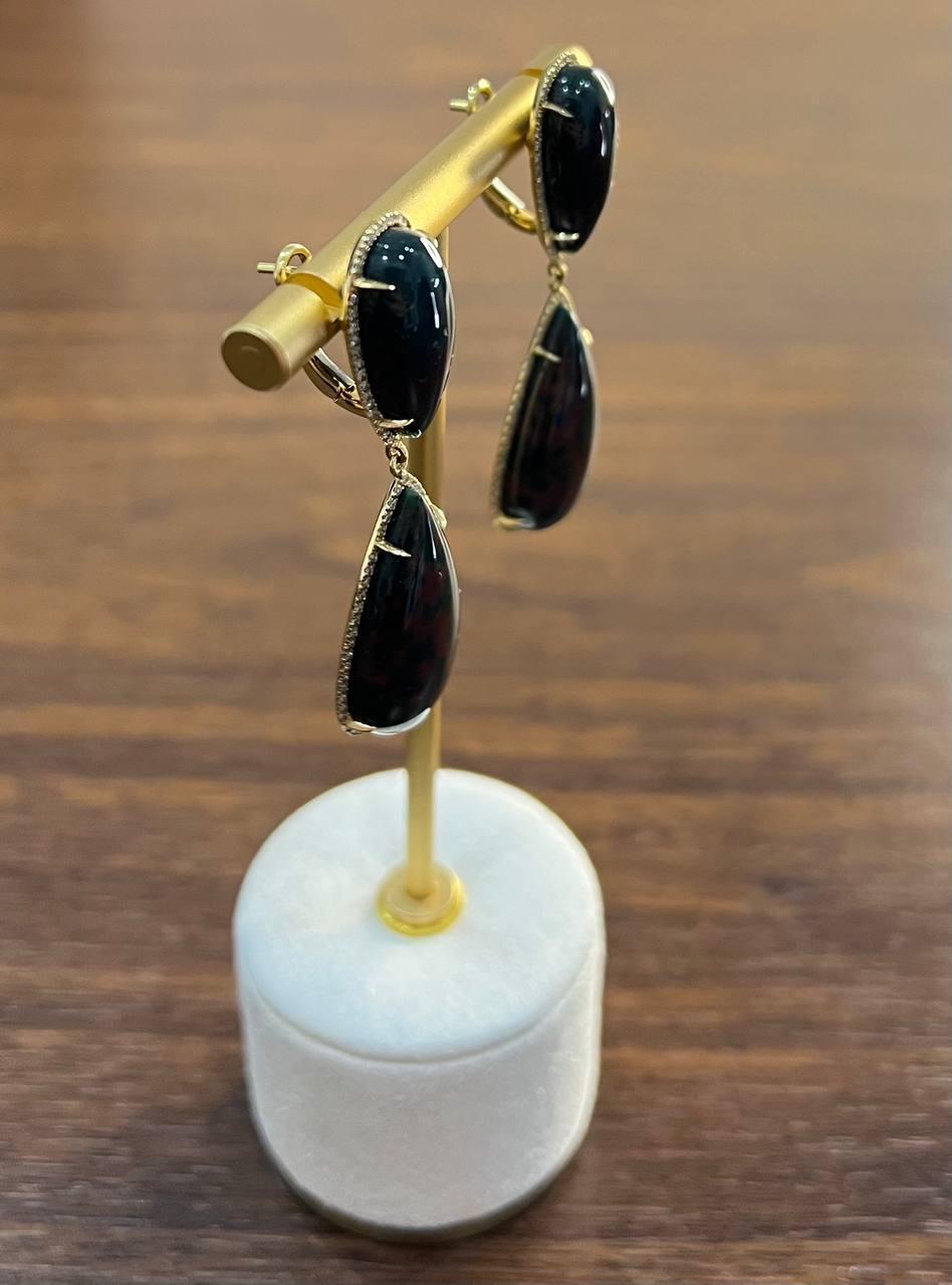 De las mujeres Pendientes Únicos Gota Lágrima Diamantes Piedra Negra Halo Oro 18K en venta