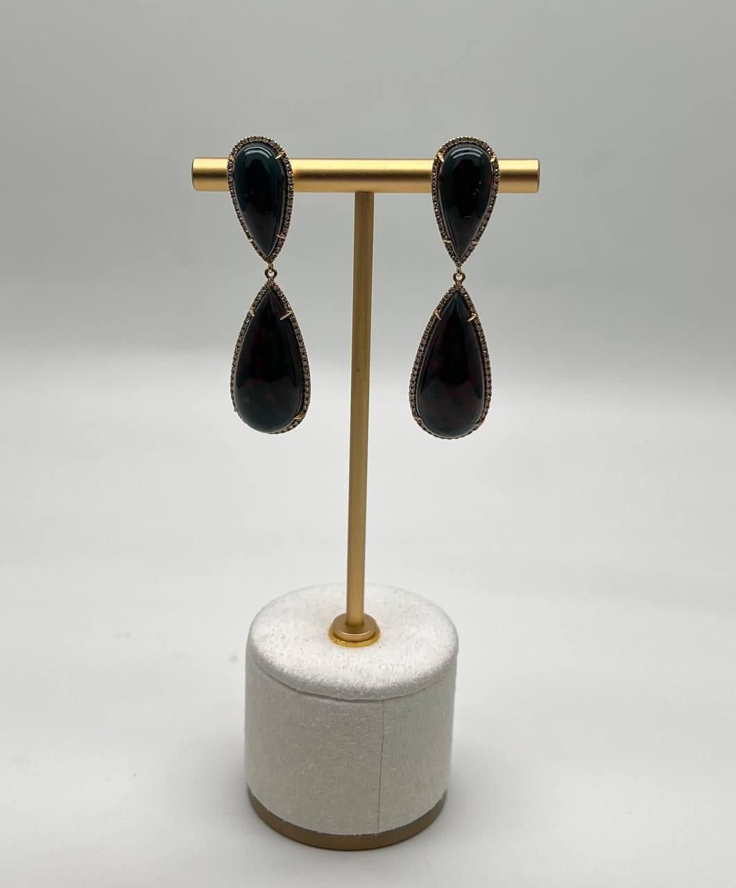 Pendientes Únicos Gota Lágrima Diamantes Piedra Negra Halo Oro 18K en venta 2