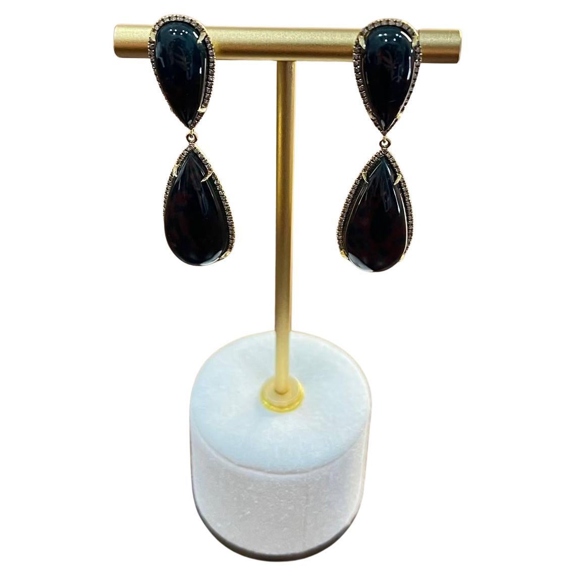 Pendientes Únicos Gota Lágrima Diamantes Piedra Negra Halo Oro 18K en venta