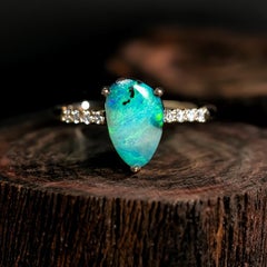 Teardrop Boulder Opal Diamond Engagement Ring 14K Yellow Gold