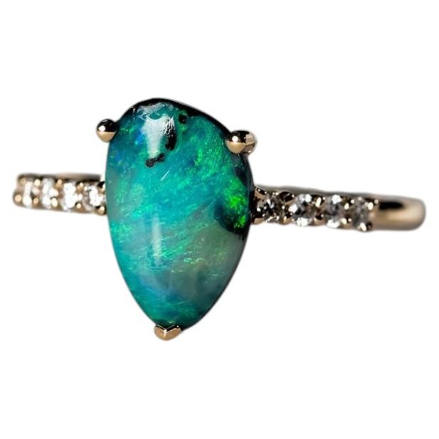Teardrop Boulder Opal Diamond Engagement Ring 14K Yellow Gold For Sale