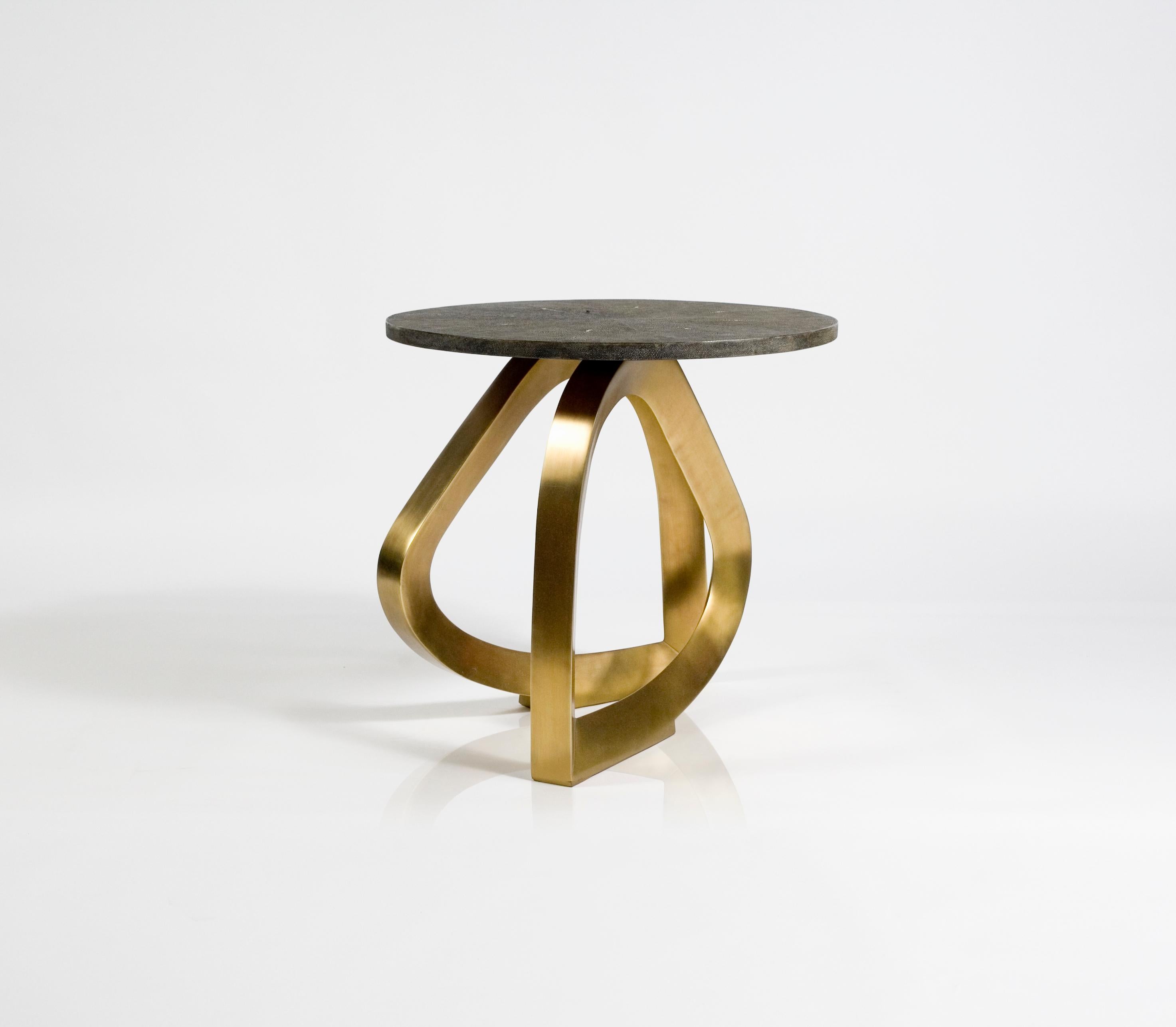 Hand-Crafted Teardrop Breakfast Table in Mink Shagreen and Bronze-Patina Brass by Kifu Paris For Sale