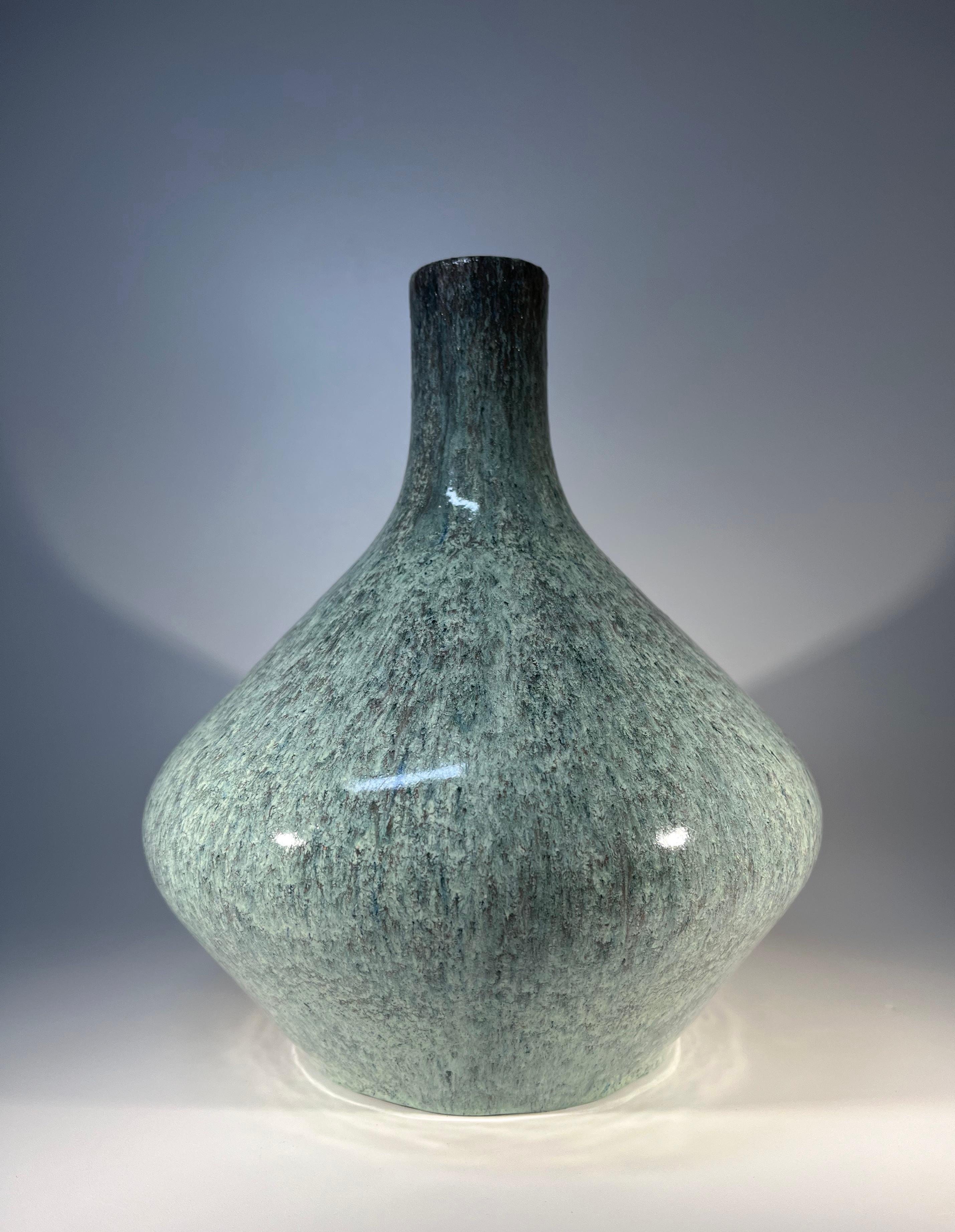 French Teardrop By Accolay, Duck Egg Blue Mottled Glaze Ceramic Vase, France 1960's For Sale