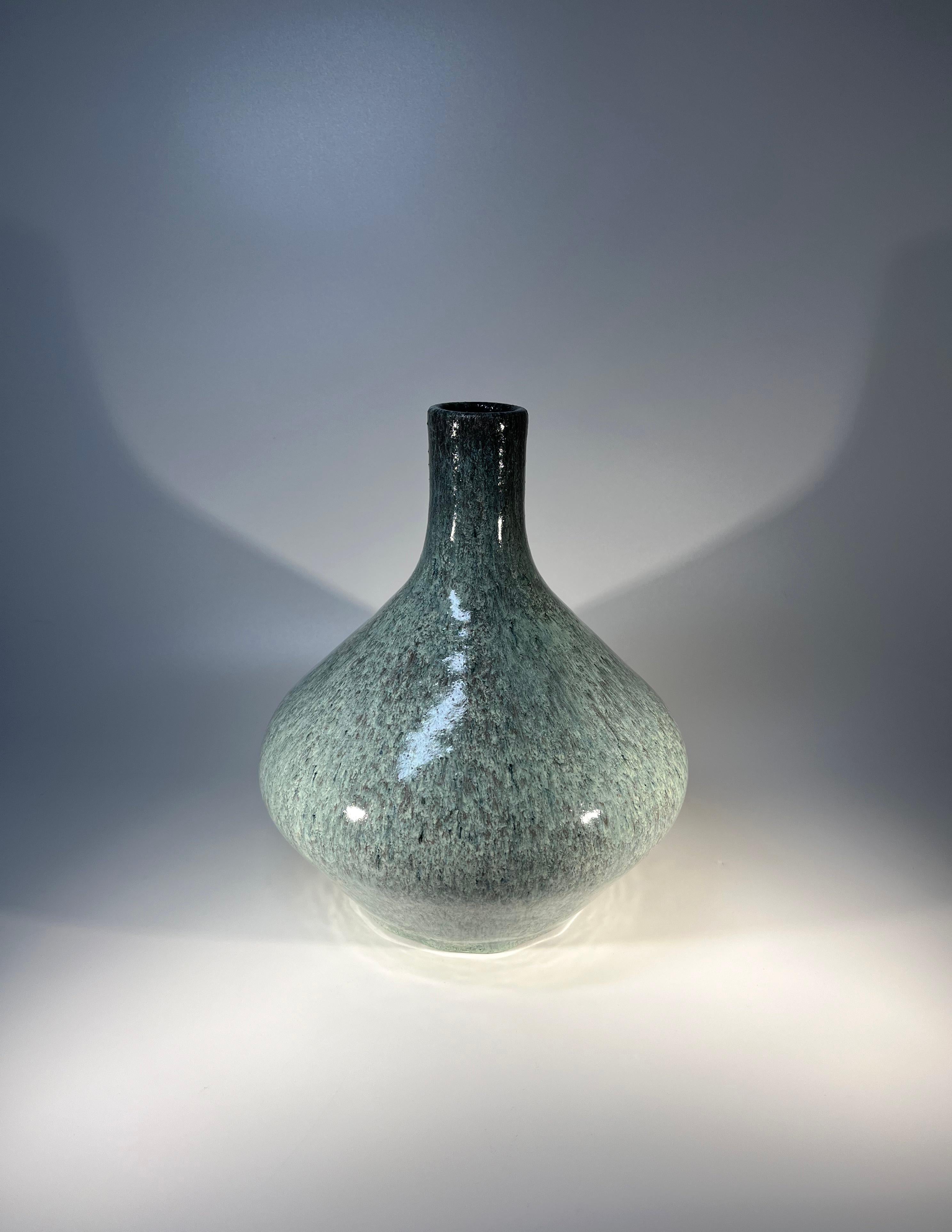 Mid-20th Century Teardrop By Accolay, Duck Egg Blue Mottled Glaze Ceramic Vase, France 1960's For Sale