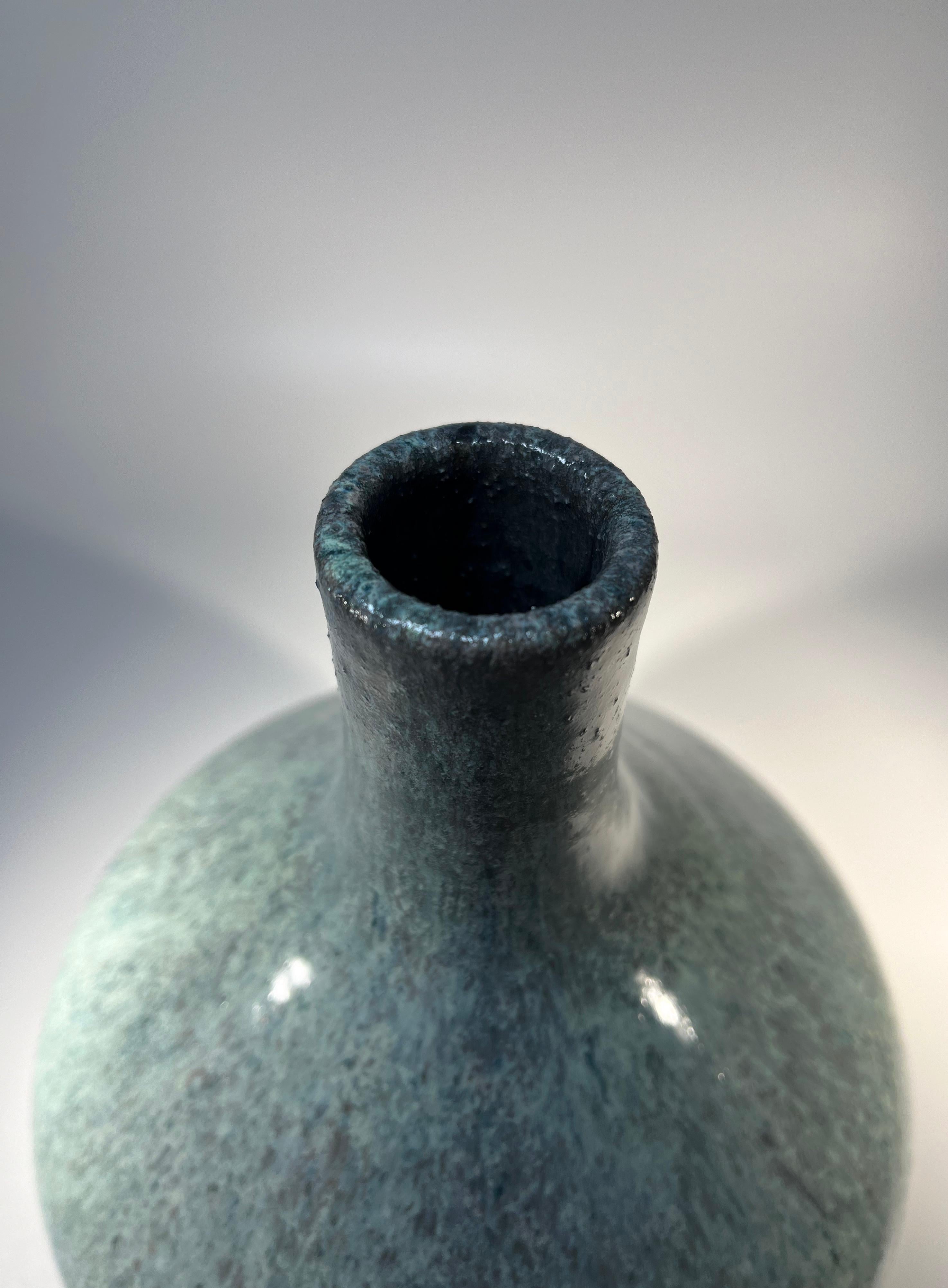 Stoneware Teardrop By Accolay, Duck Egg Blue Mottled Glaze Ceramic Vase, France 1960's For Sale