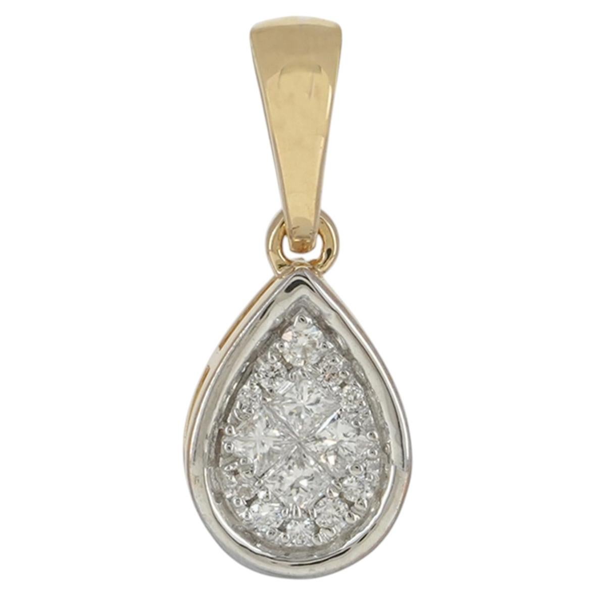 Teardrop Charm Pendant Solid 14k Yellow Gold Genuine H/Si White Diamond Pendant For Sale