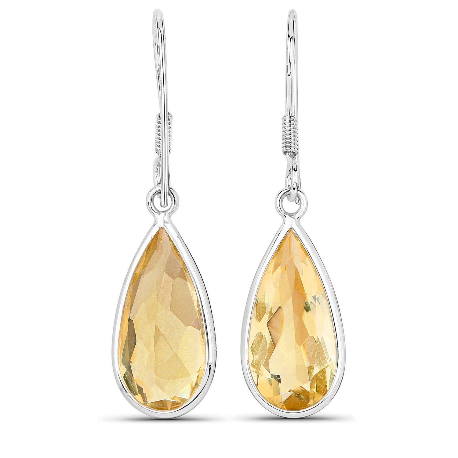 Taille poire Boucles d'oreilles pendantes en citrine 10 carats plaquées or blanc 18K Silver en vente