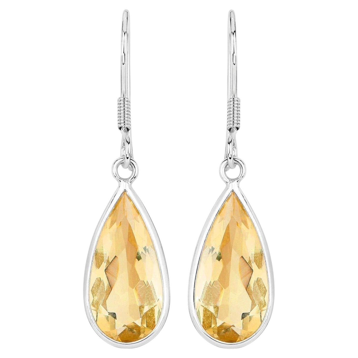Teardrop Citrine Dangle Earrings 10 Carats 18K White Gold Plated Silver